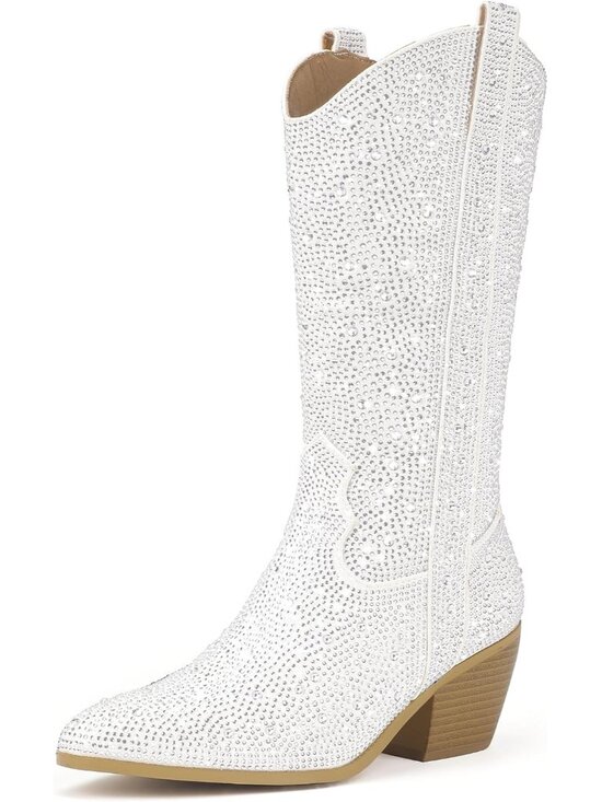 Shoes - Women's White Rhinestone Mid Calf Sparkly Western Chunky Heel Cowgirl Booties